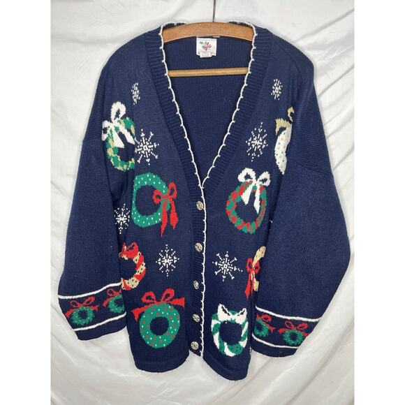 Nutcracker Holiday Cardigan Sweater Wreaths Sparkly Accents Size Large 1980s - Picture 1 of 6
